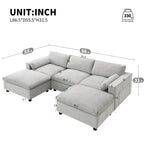 Chenille Modular Sofa - U-Shaped Couch with Storage dimensions in inches, highlighting seat depth, height, and overall size for accurate room planning.