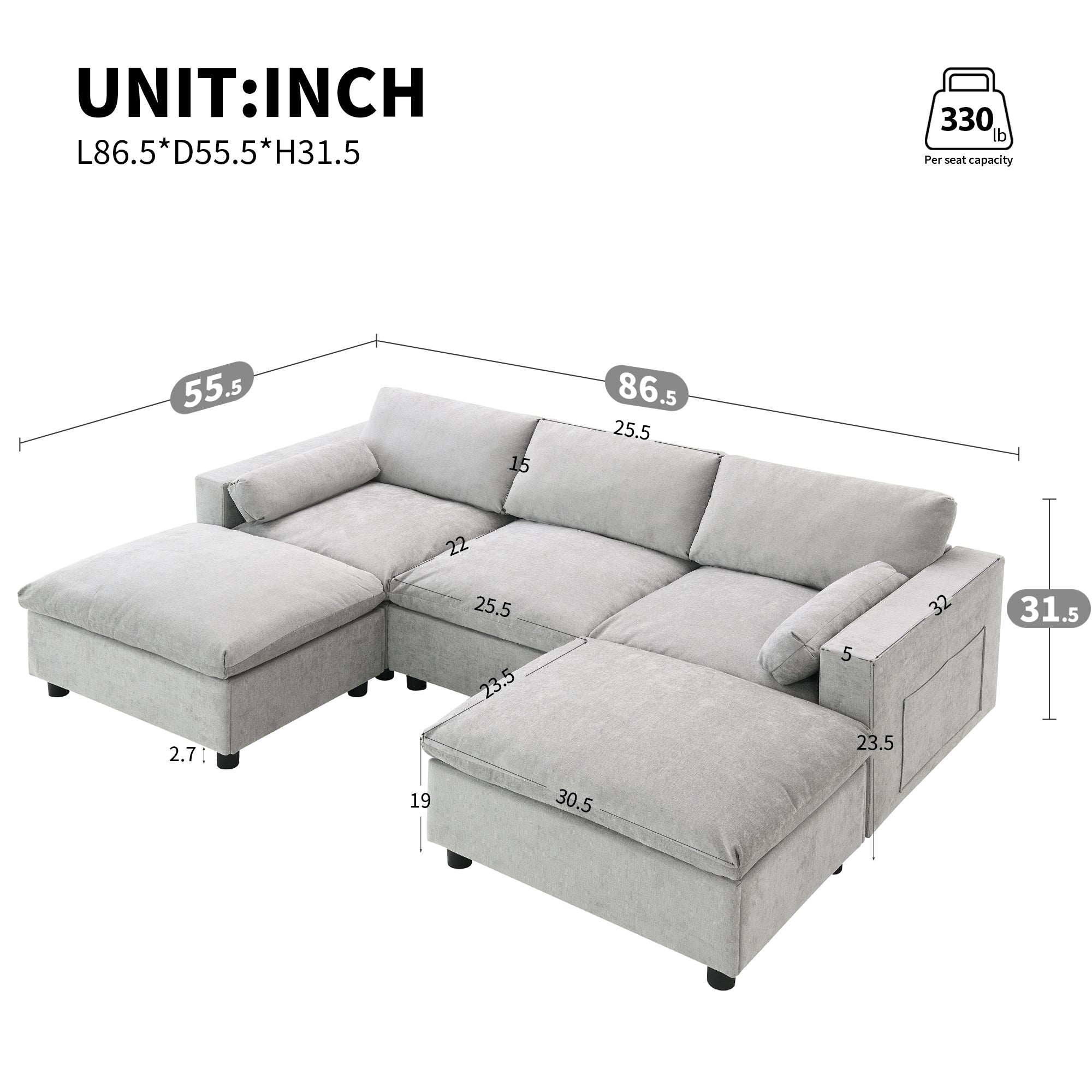 Chenille Modular Sofa - U-Shaped Couch with Storage dimensions in inches, highlighting seat depth, height, and overall size for accurate room planning.