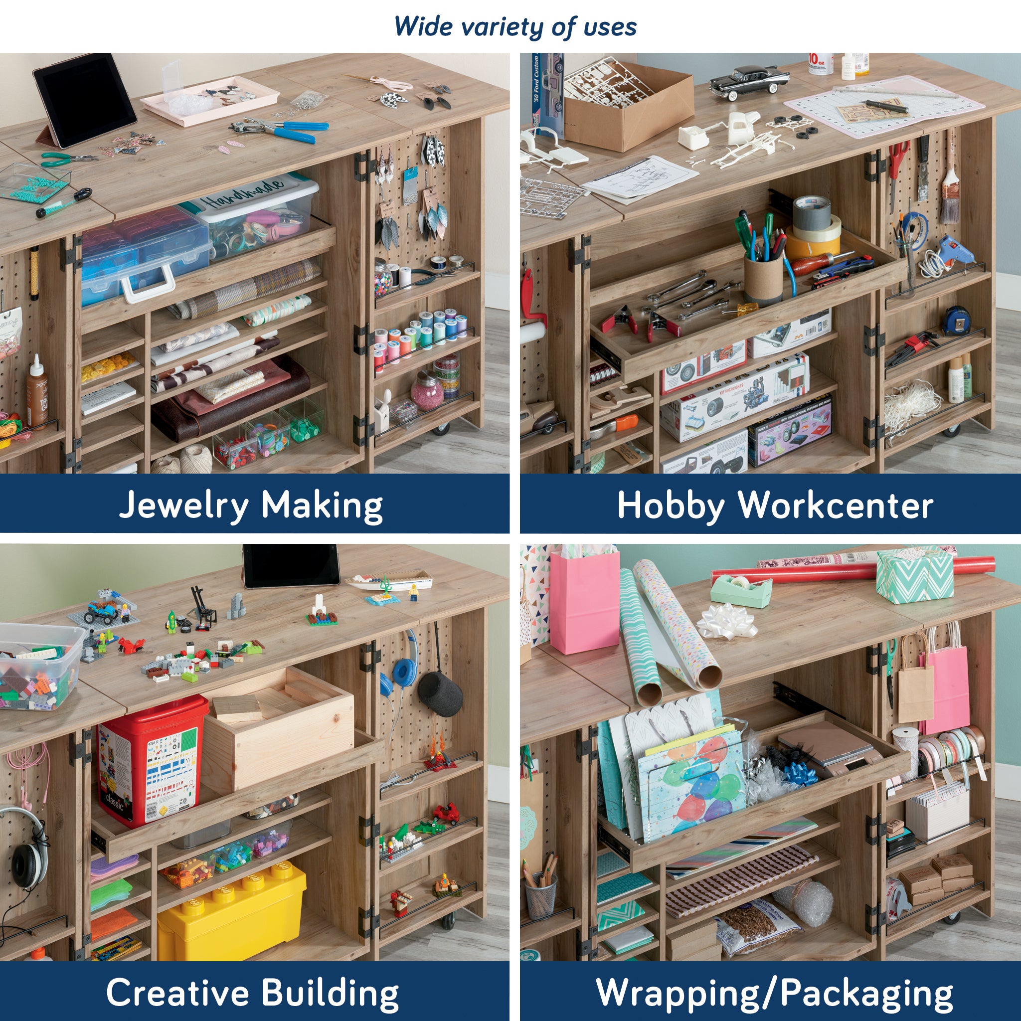 Craft Cart with Storage for Home used for jewelry making, hobby workcenter, creative building, and wrapping, showcasing versatile compartments.