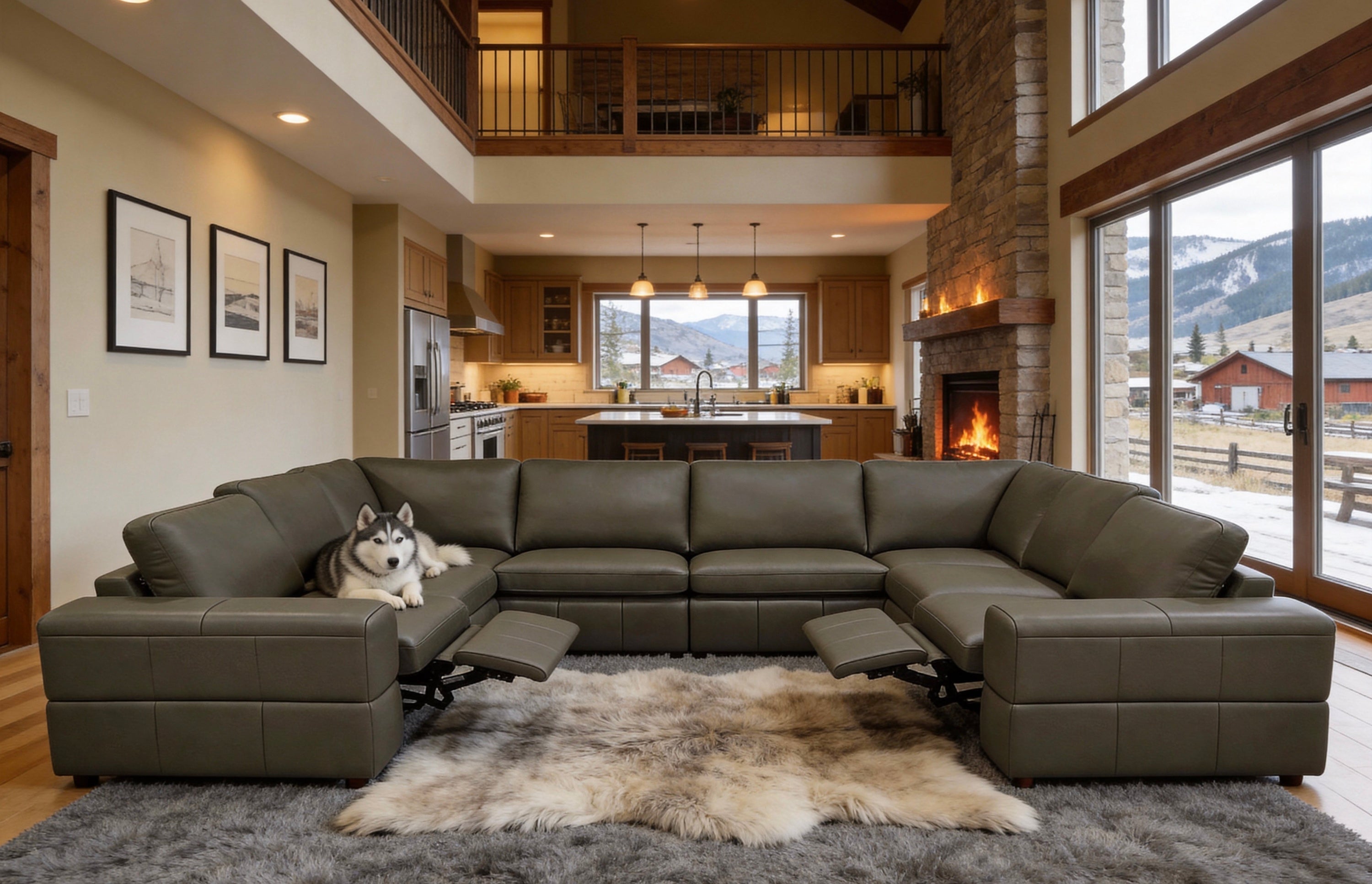 Olive Green Leather Match 8-Seater Reclining Sectional, Large Arms