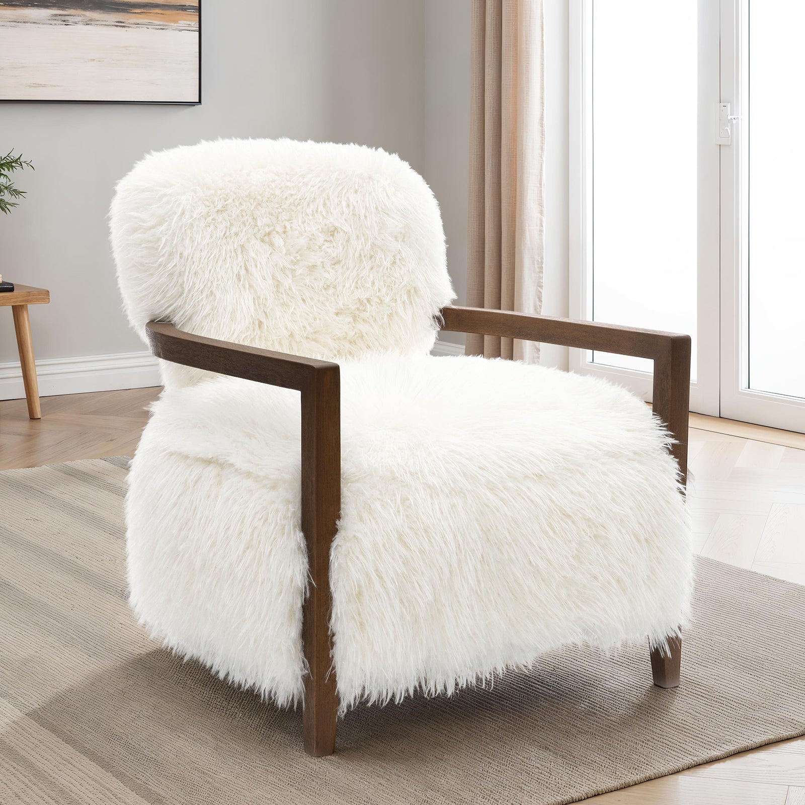 Cozy white faux fur accent chair with dark wood frame, placed on a beige rug in a contemporary interior setting.