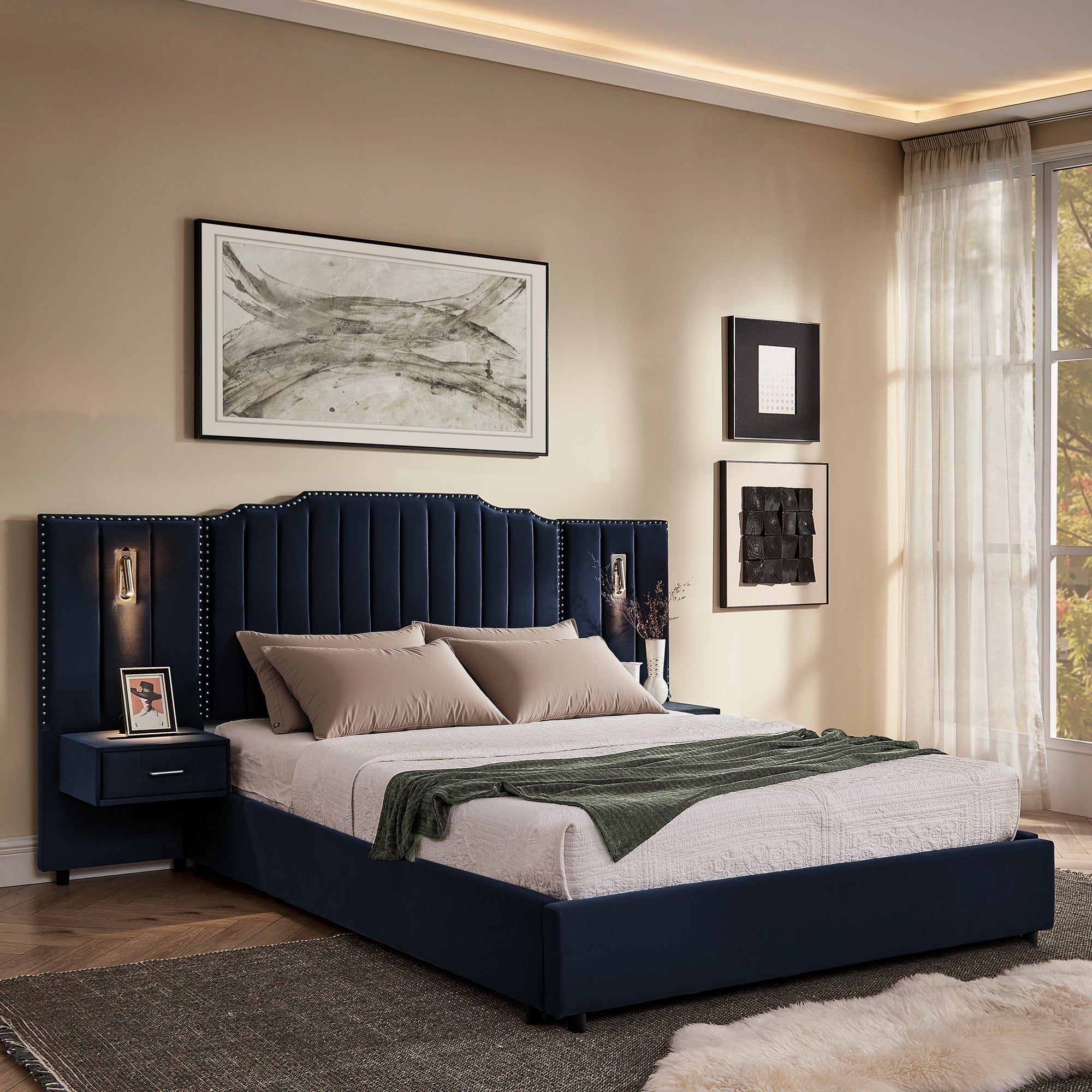 Dark blue velvet queen platform bed with vertical striped, button-tufted headboard and integrated bedside tables.