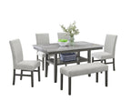 Selena Dining Set - Gray Faux Marble includes rectangular table, 4 light gray chairs, and bench with black shelf base.
