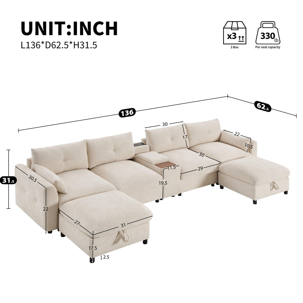 Modular Sectional Sofa with Console, Cup Holder, USB Charger.