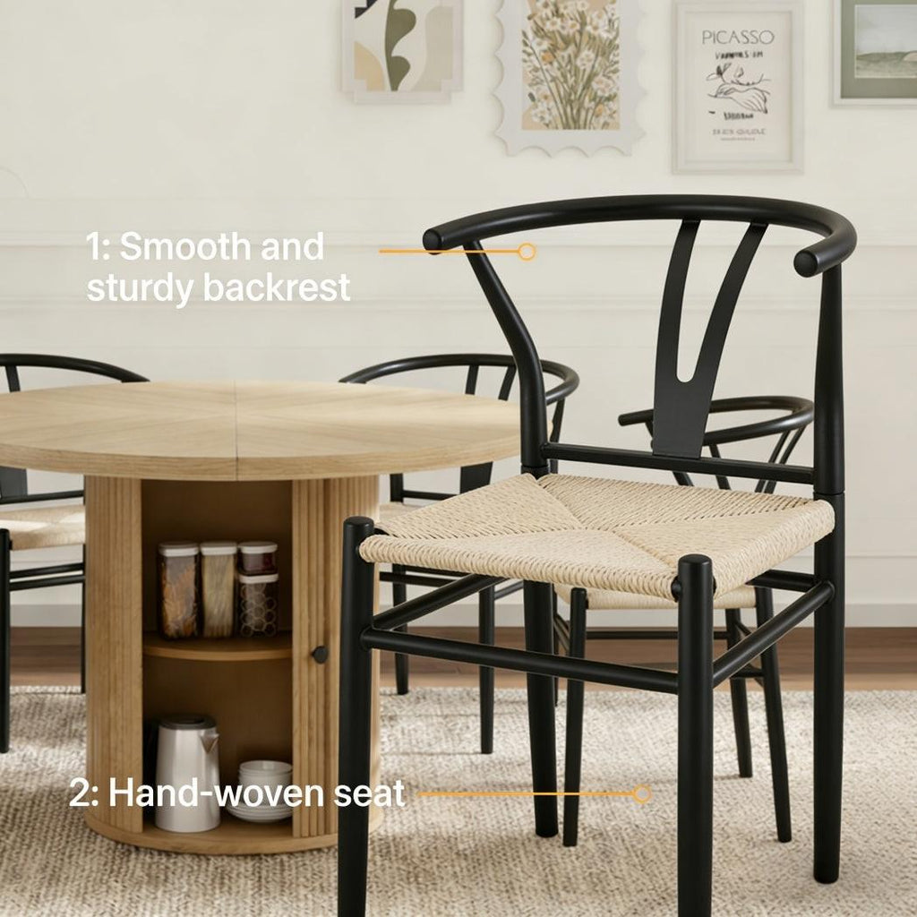 Black Woven Dining Chairs Set with Roman Column Table.