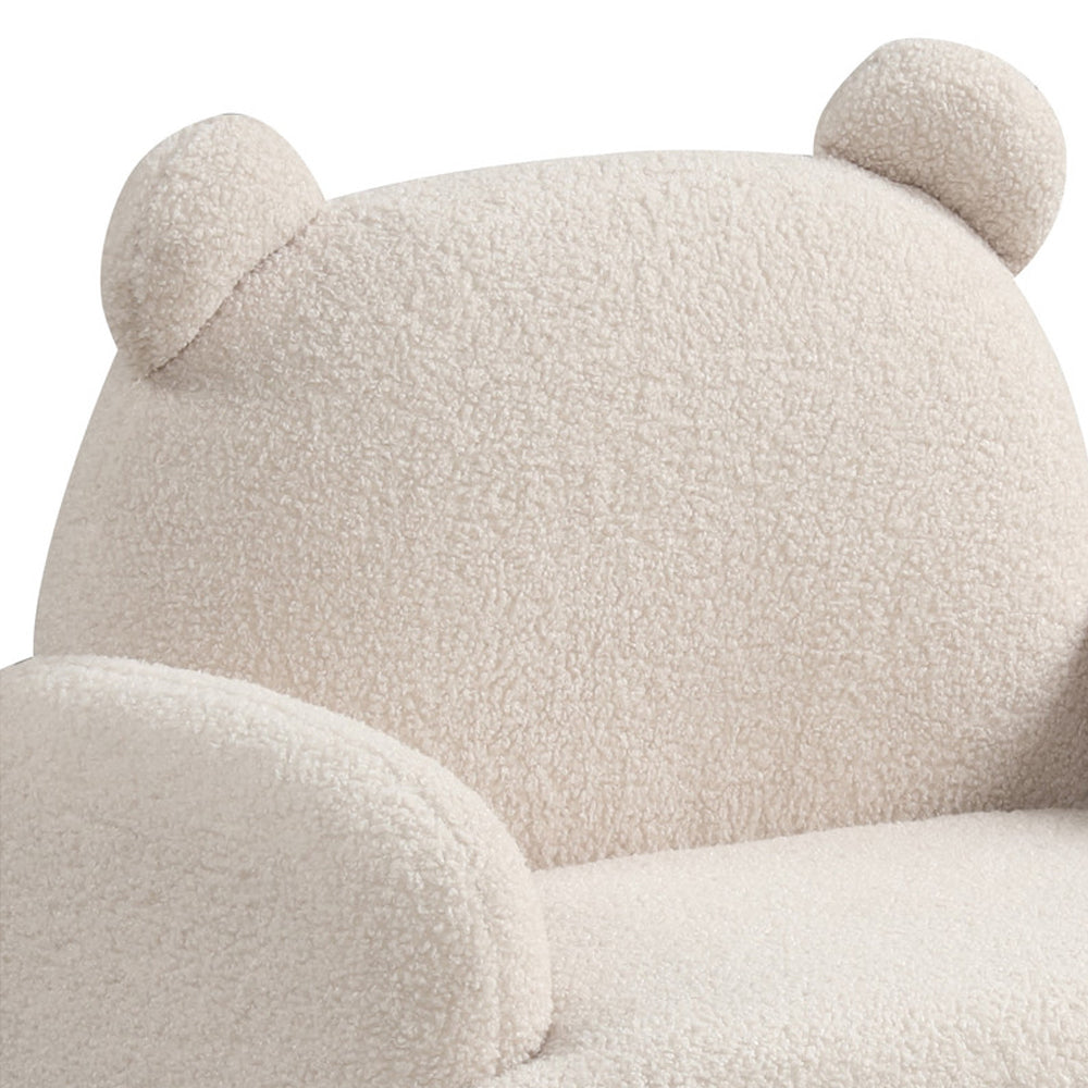 Close-up of the bear-shaped backrest with plush Sherpa fabric and rounded ears, highlighting the whimsical design of the kids armchair.