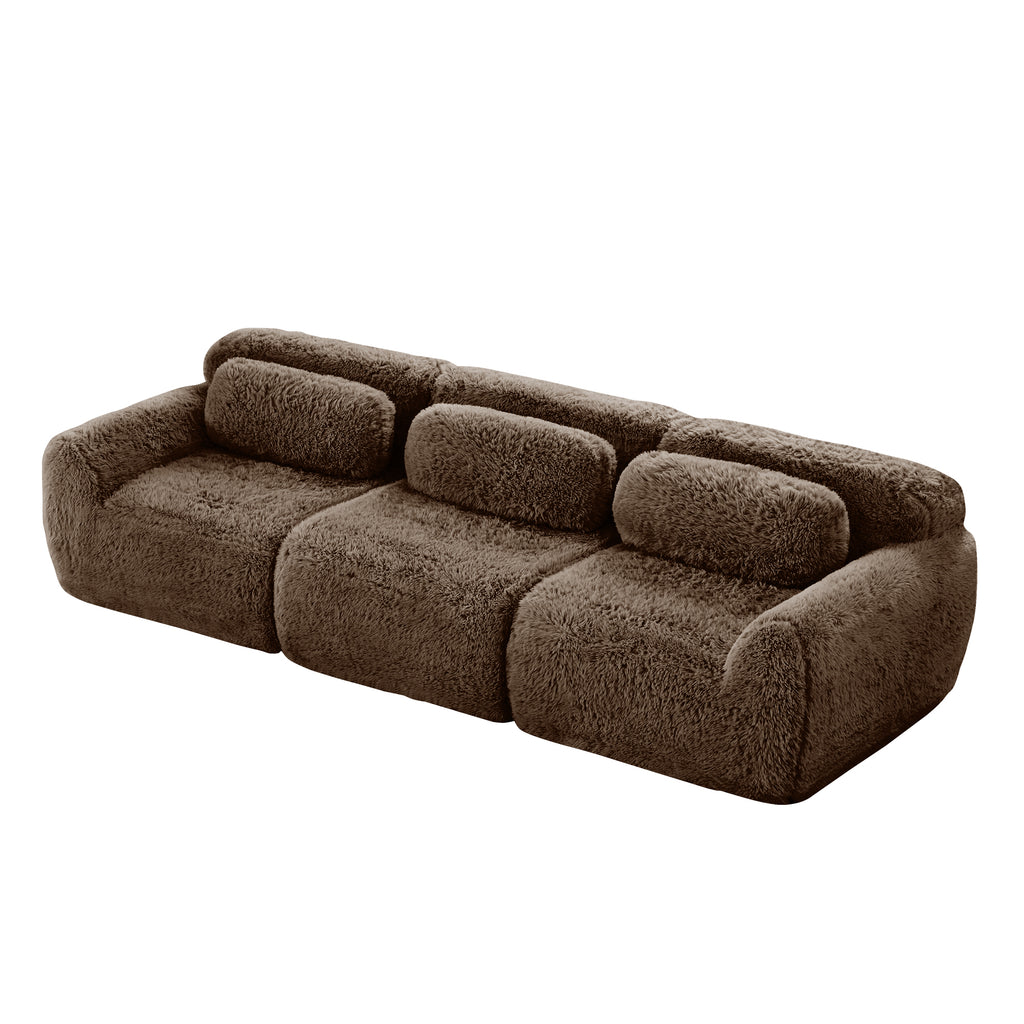 Angled view of 114'' chocolate modular sofa with plush texture and deep seating, ideal for cozy living spaces.