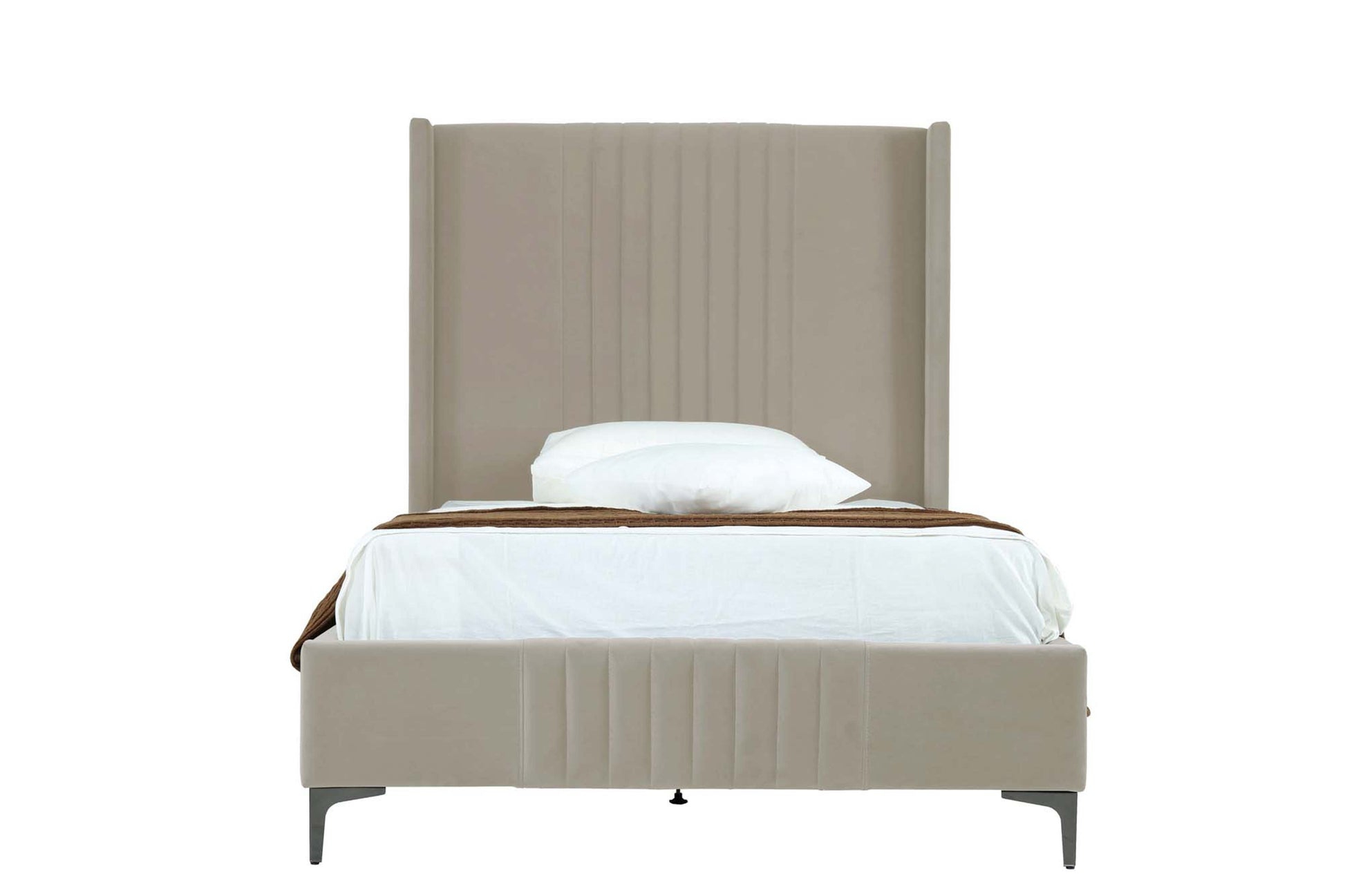 Front view of Promenade Upholstered Velvet 48' Bed in Rustic Taupe with mattress and pillow, showcasing vertical stitched headboard.