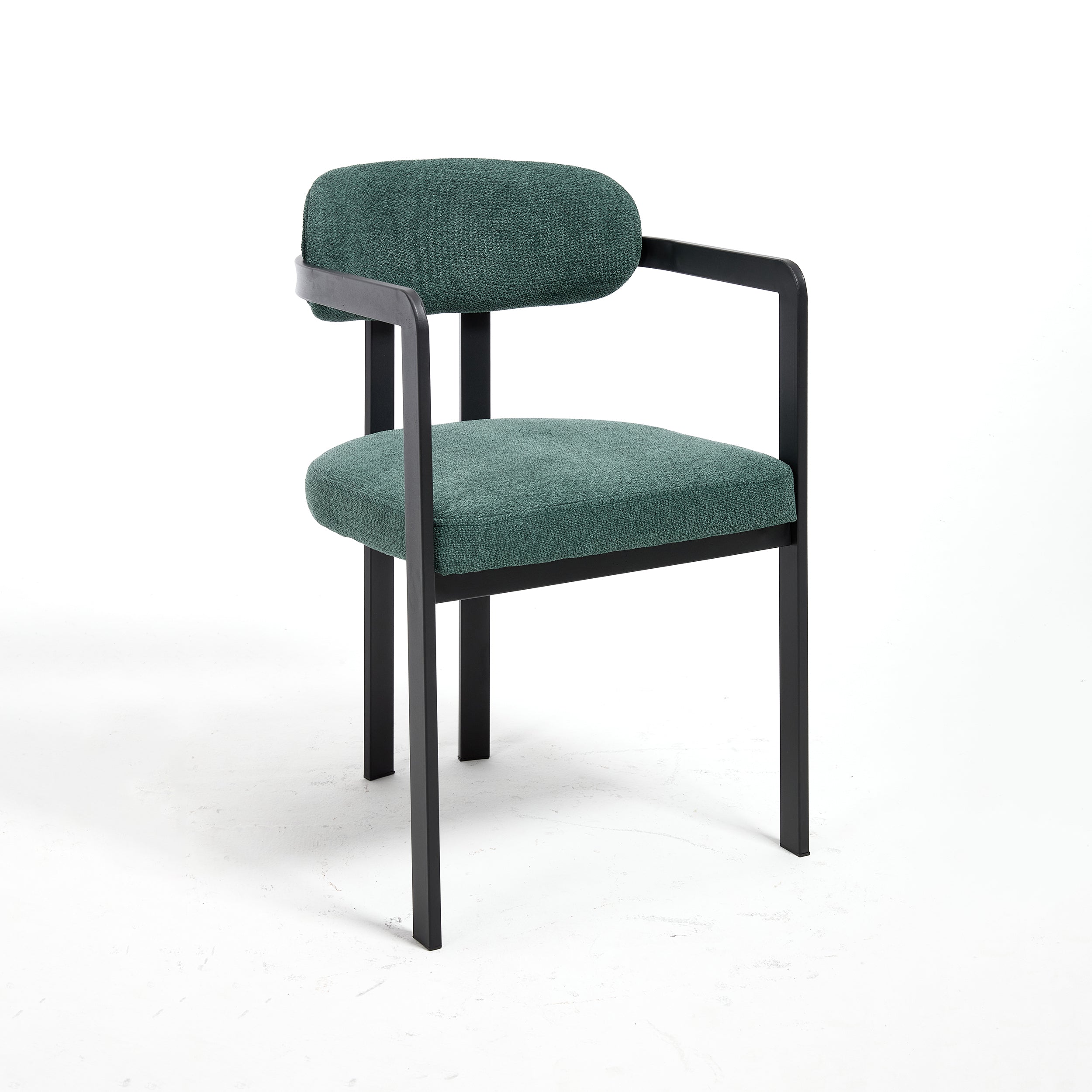 Antique Green Boucle Dining Chairs with Black Metal Legs, Set of 2