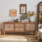 Styled Rattan TV Stand Mid Century with Storage and Doors, perfect for boho-themed living spaces and media organization.