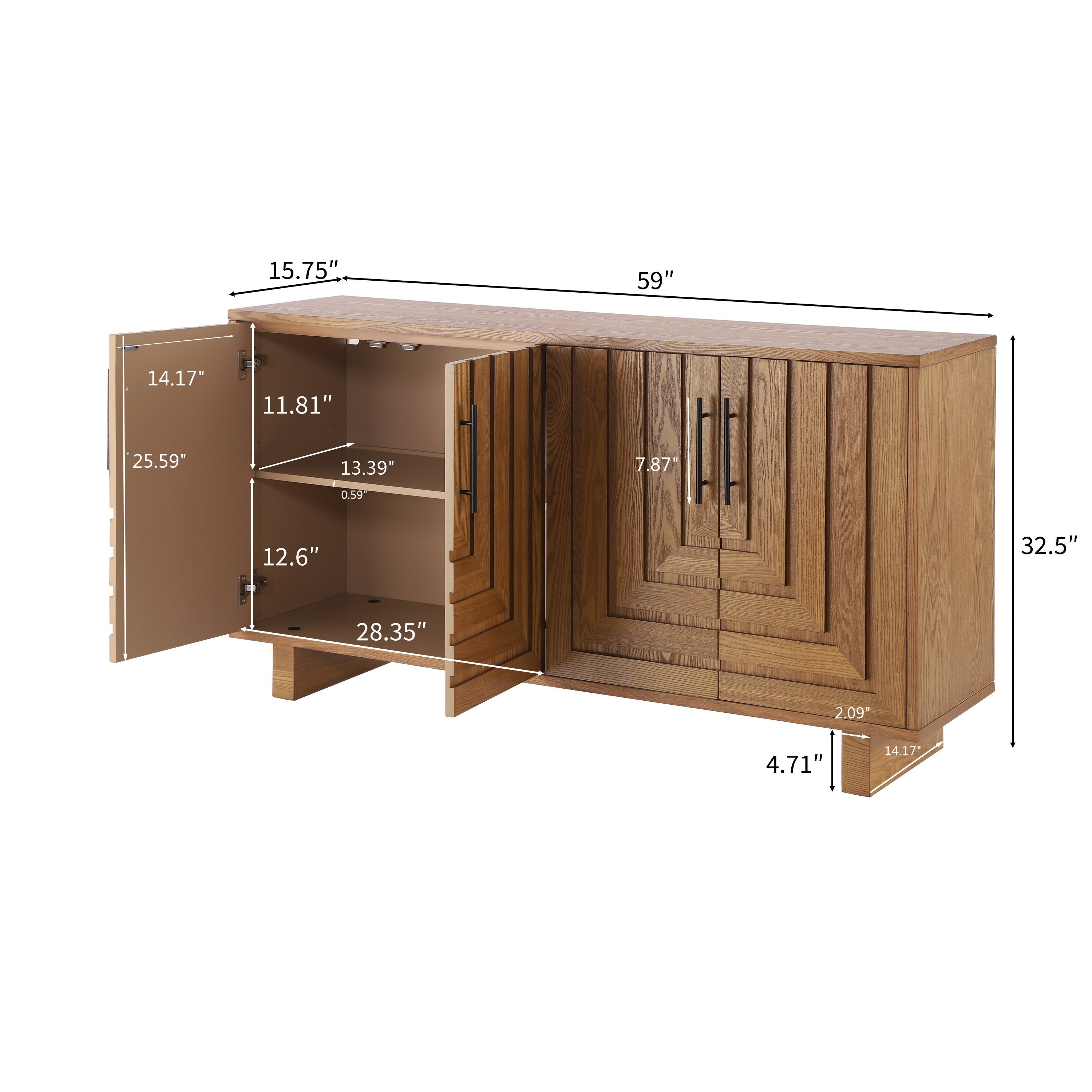 59'' modern sideboard storage cabinet with open doors and labeled dimensions, highlighting internal shelving and storage capacity.