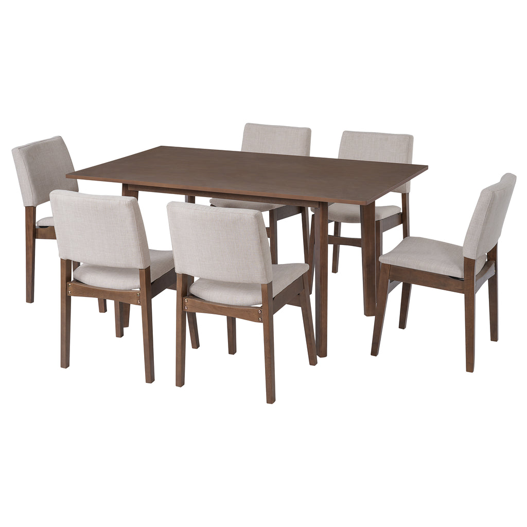 Side view of Modern Walnut Finish Dining Set with 6 upholstered chairs and rectangular table, ideal for family meals or gatherings.