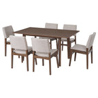 Side view of Modern Walnut Finish Dining Set with 6 upholstered chairs and rectangular table, ideal for family meals or gatherings.