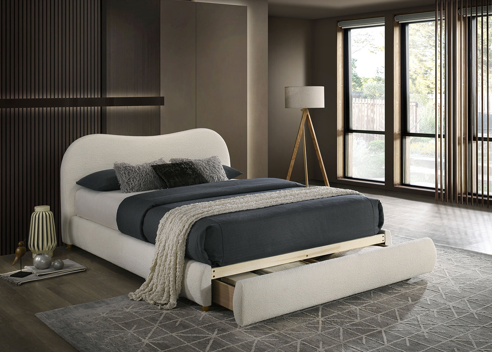 Velvet Queen Bed with Storage - Upholstered Frame featuring open storage drawer at footboard, ideal for modern bedroom organization.