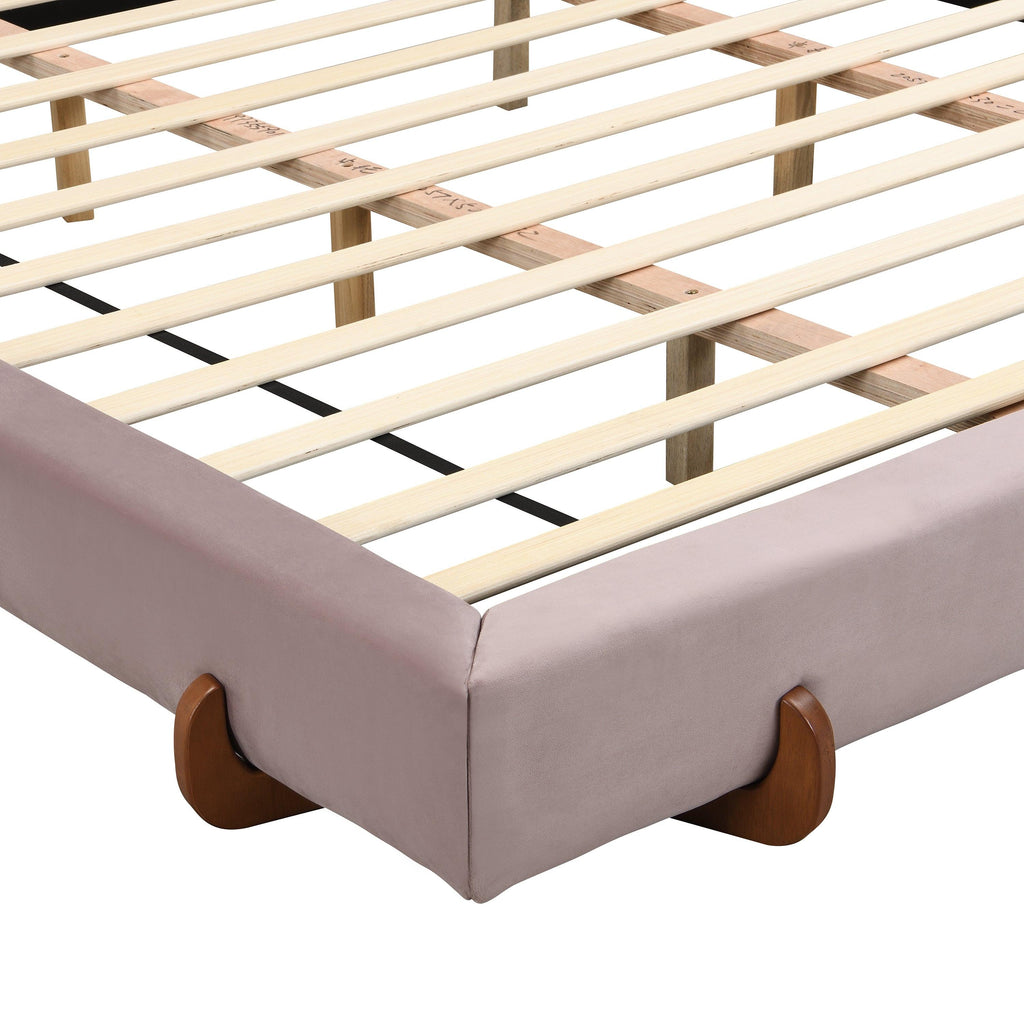 Pink Velvet Bed Frame with Brown Wood Legs - King Size.