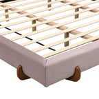 Pink Velvet Bed Frame with Brown Wood Legs - King Size.