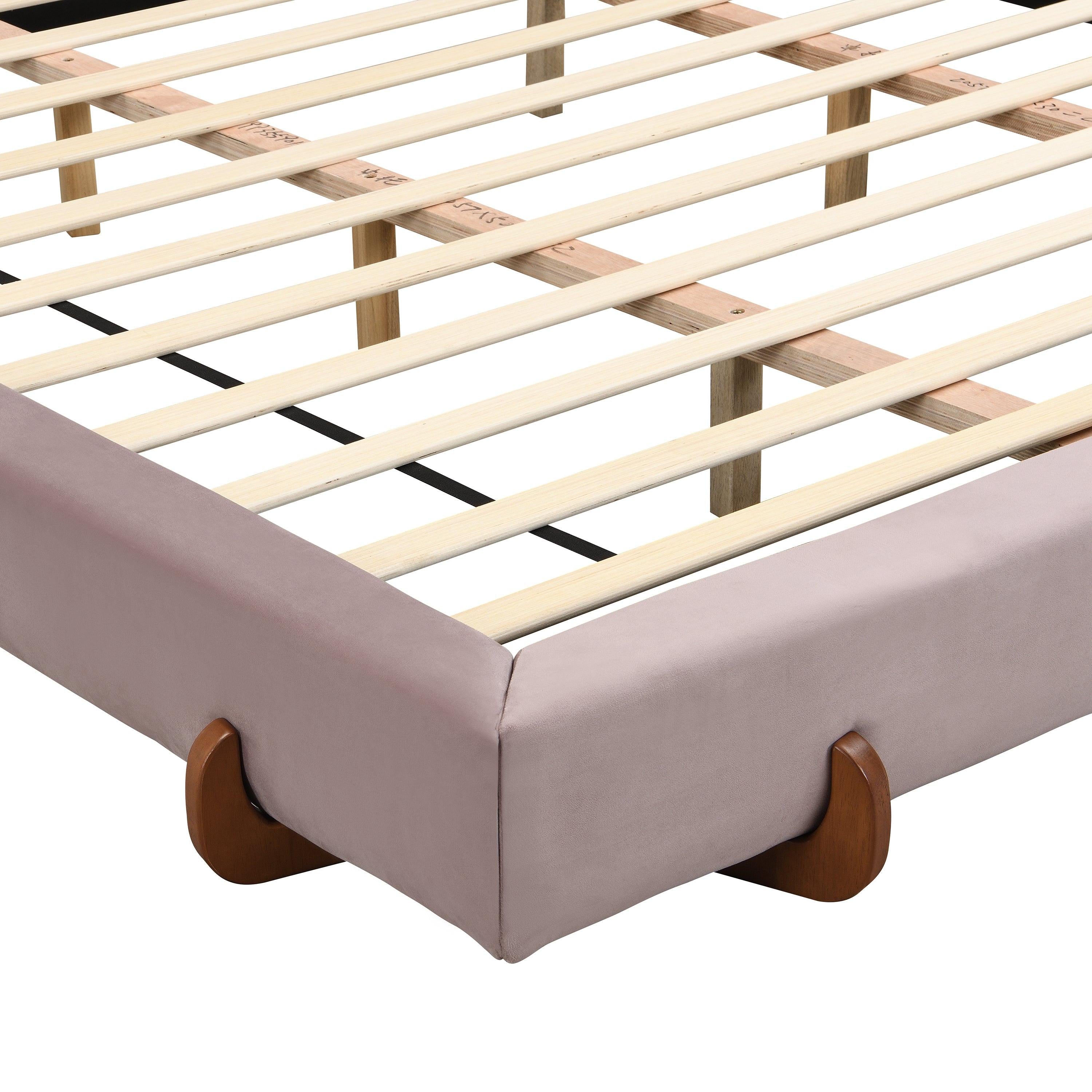 Pink Velvet Bed Frame with Brown Wood Legs - King Size.