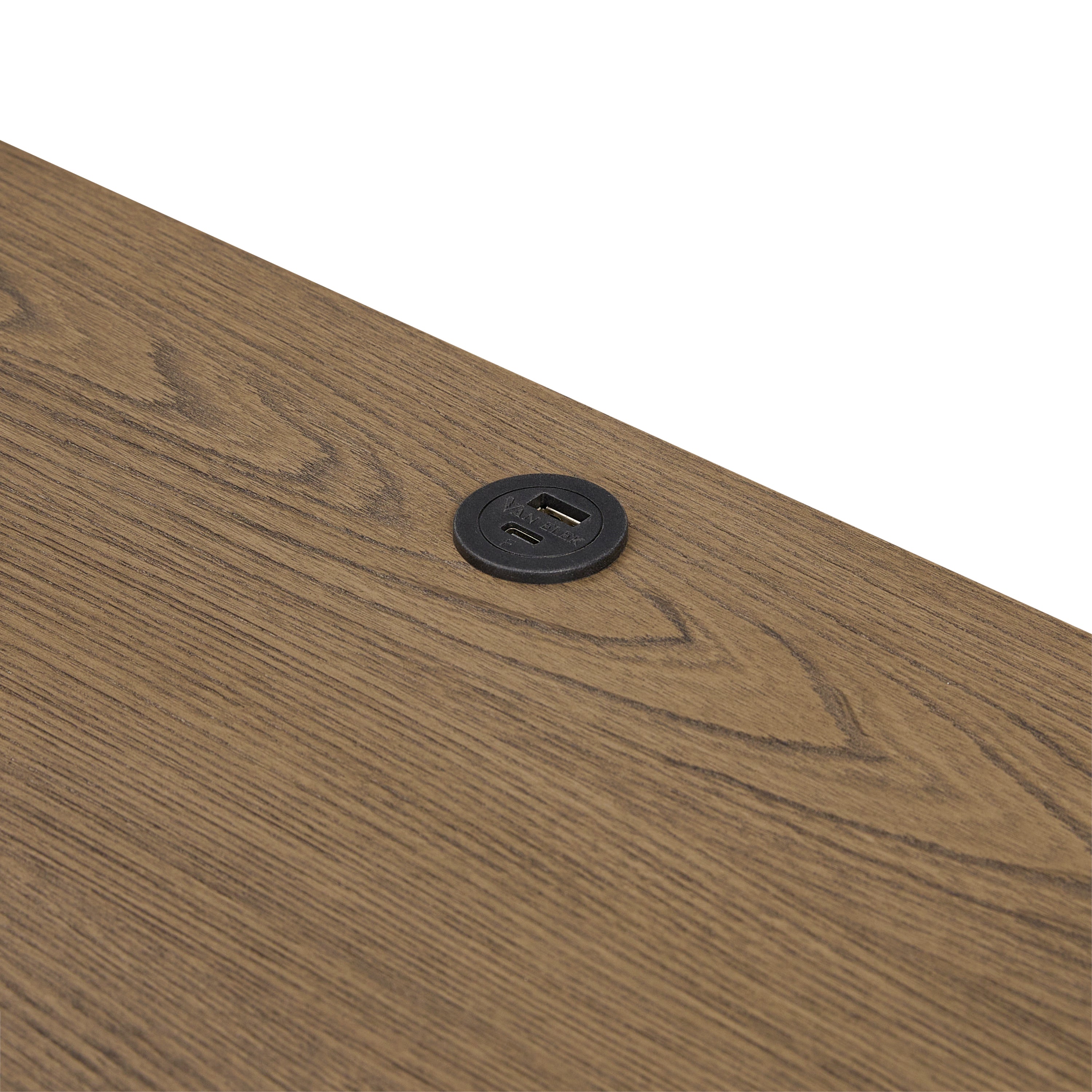 Top detail of Solid Wood Latte Nightstand featuring built-in USB charging port, blending functionality with elegant elm wood grain.