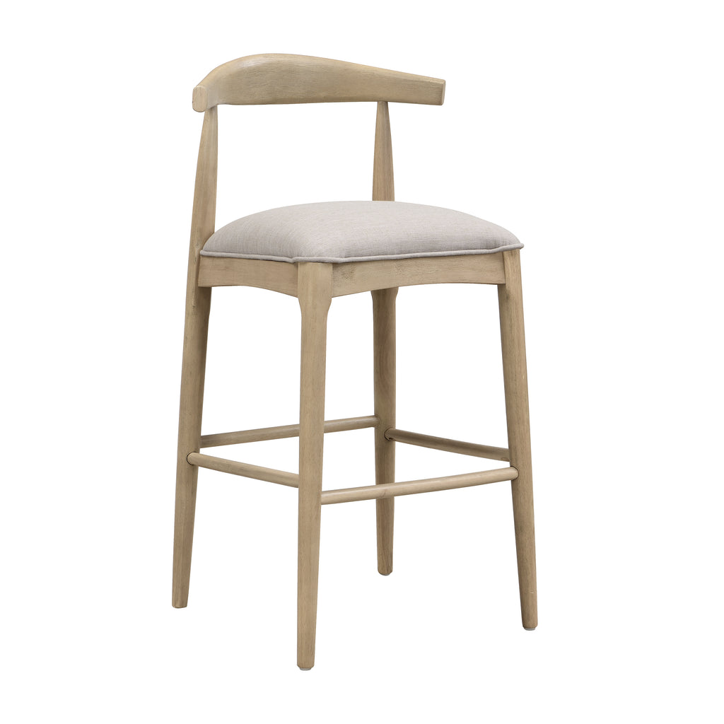 Angled view of grey Pebble Fabric Bar Stool with cushioned seat and wooden footrest, blending comfort with minimalist design.