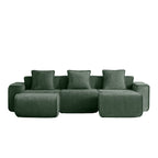 Studio shot of Velvet Modular U Shape Sofa - 3 Seats with Pillows in green velvet, highlighting its modern and compact design.