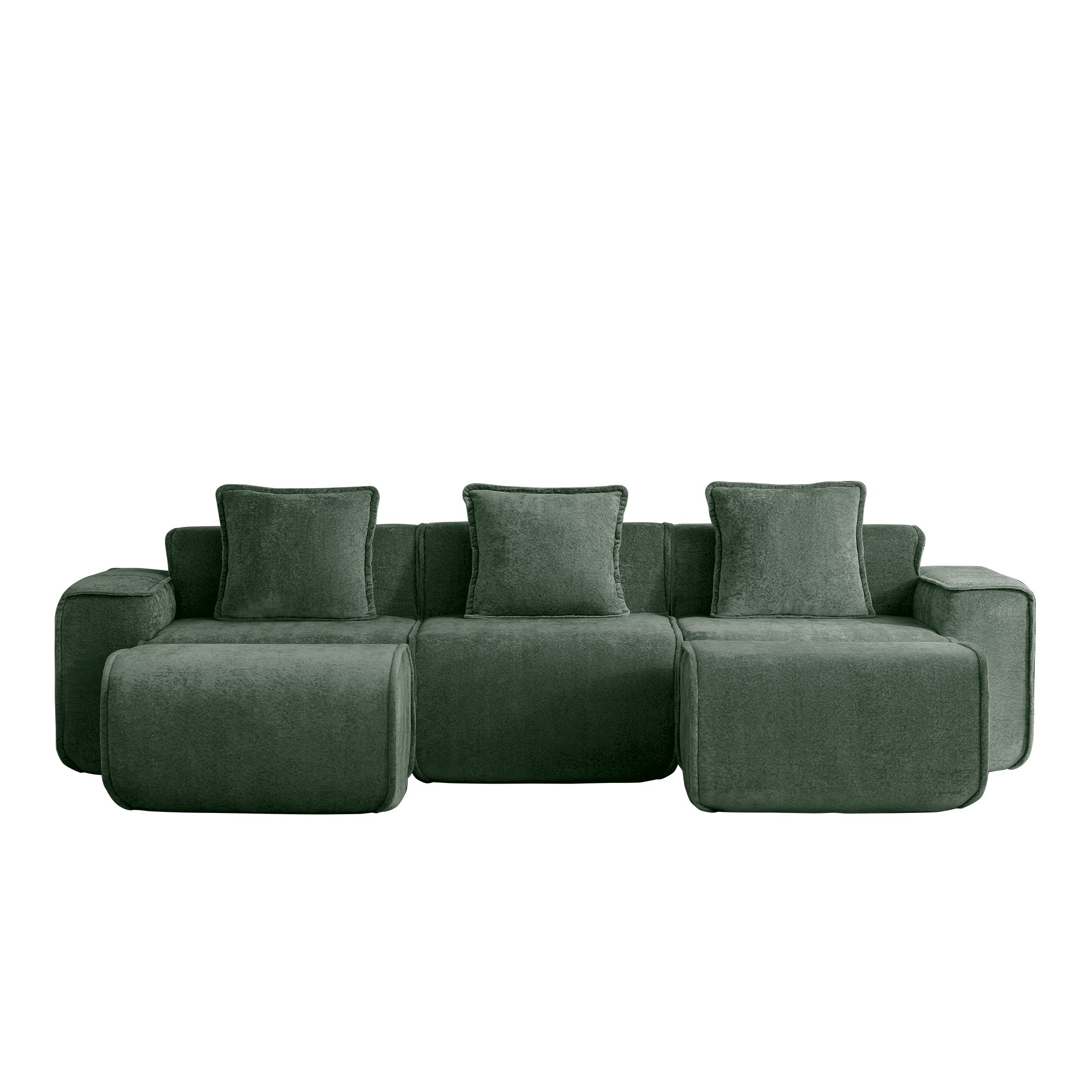 Studio shot of Velvet Modular U Shape Sofa - 3 Seats with Pillows in green velvet, highlighting its modern and compact design.