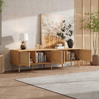 Modern TV Stand with Rattan Doors for 80in TVs.