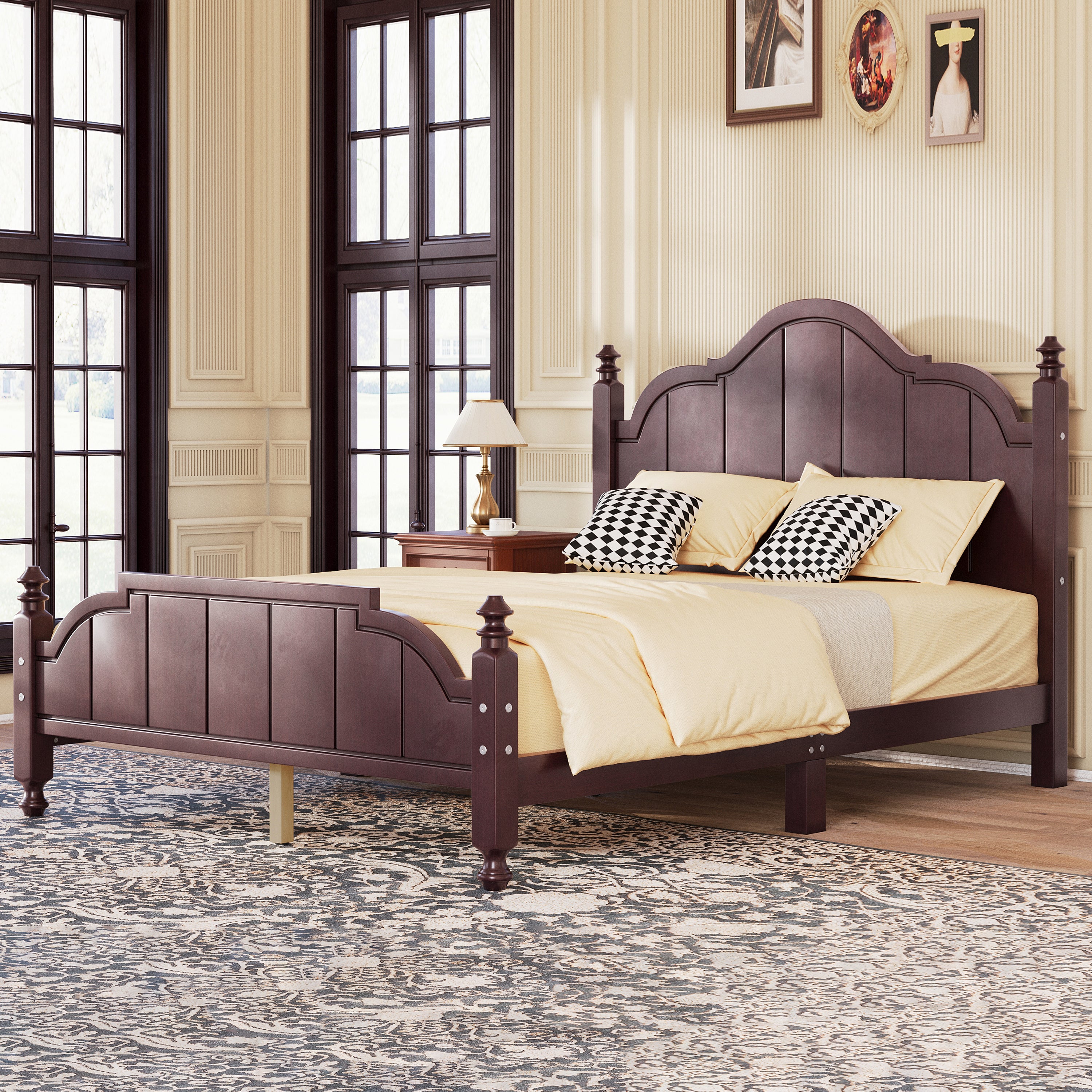 Side view of Full Size Wooden Bed Frame with Headboard - Easy Setup, featuring elegant curves and sturdy wood construction.