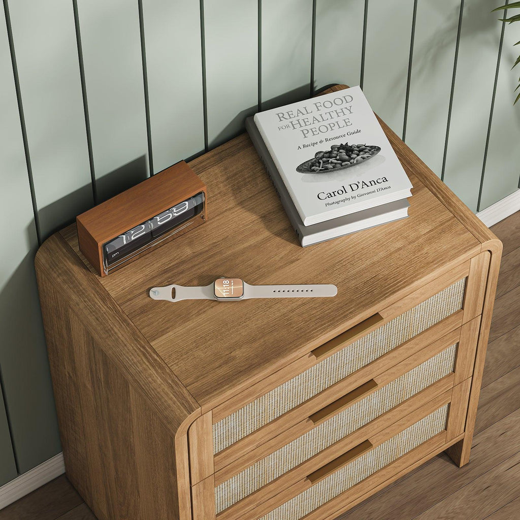 Rattan Nightstand with 3 Drawers for Modern Bedrooms.