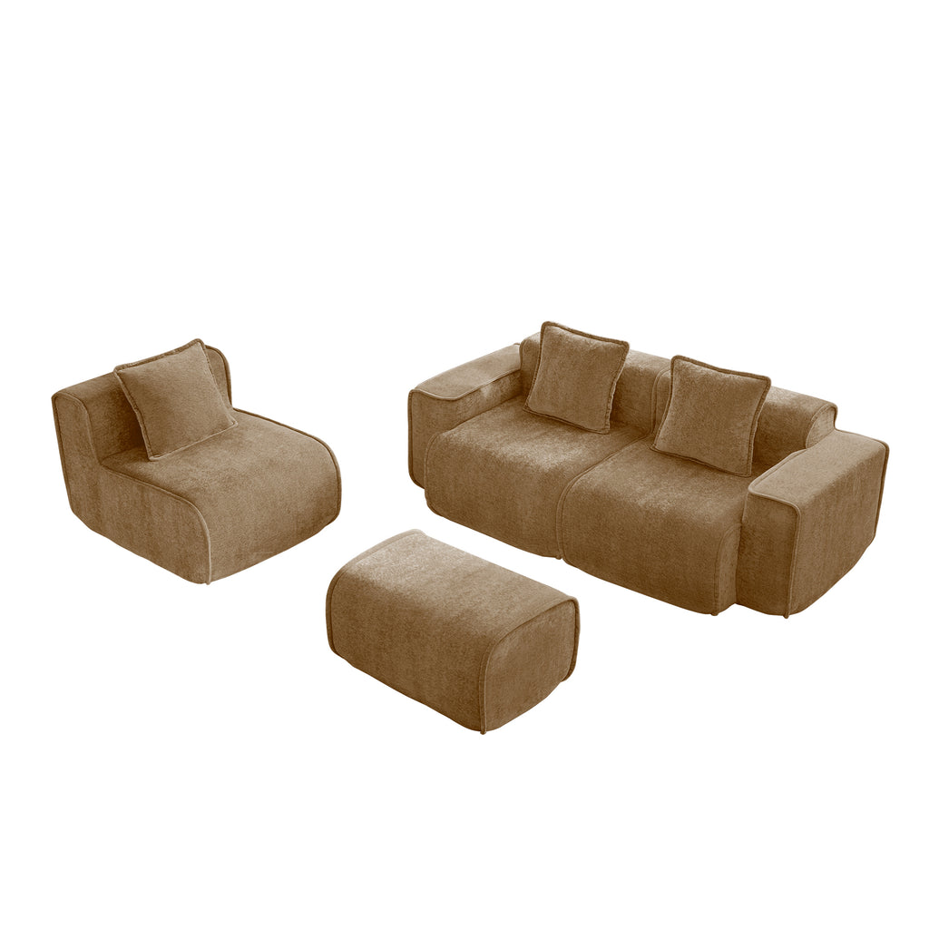 Velvet L Shape Modular Sectional Sofa separated into individual pieces, highlighting its no-assembly modular design.