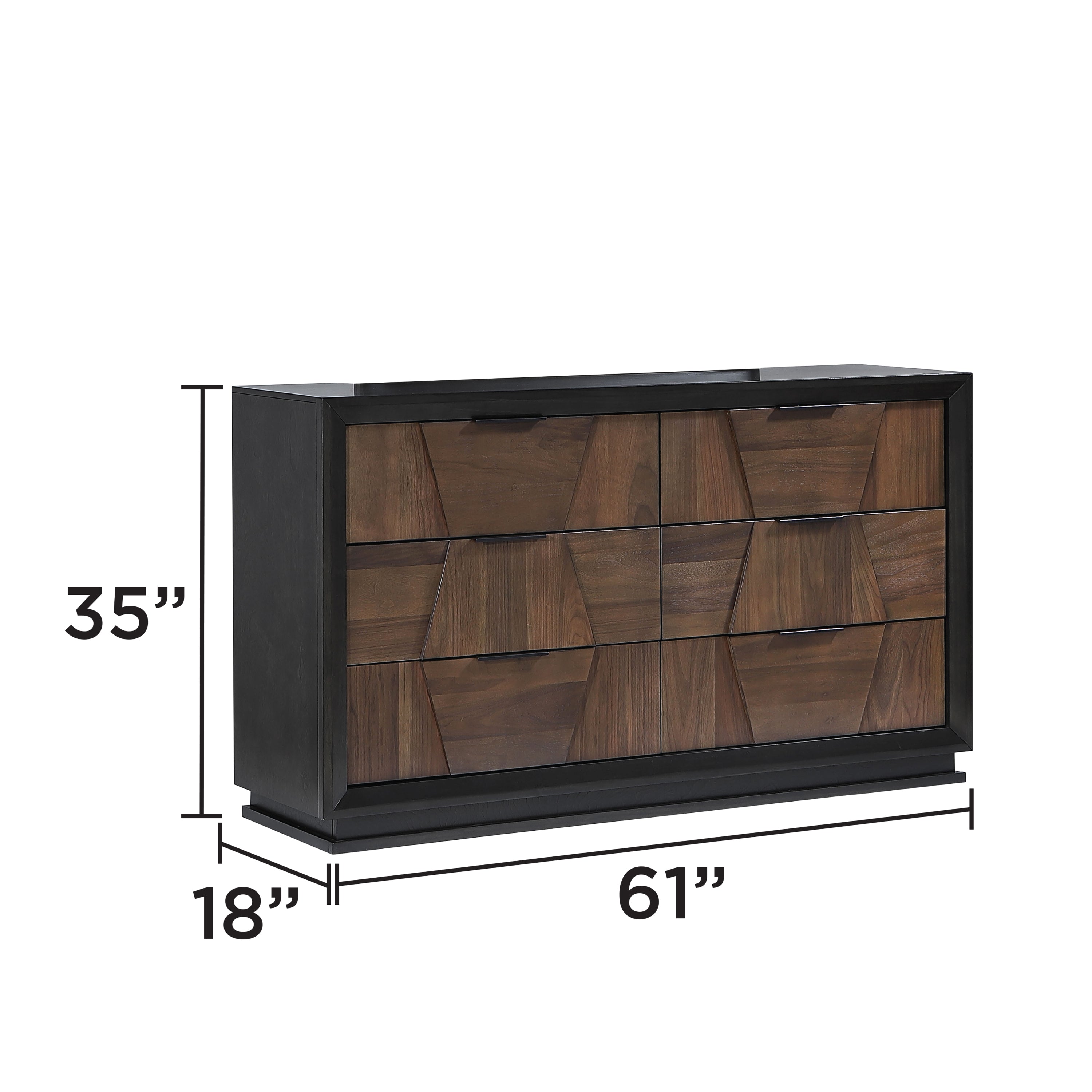 Walnut 6-Drawer Dresser measuring 61 inches wide, 35 inches high, and 18 inches deep, ideal for spacious bedroom storage.