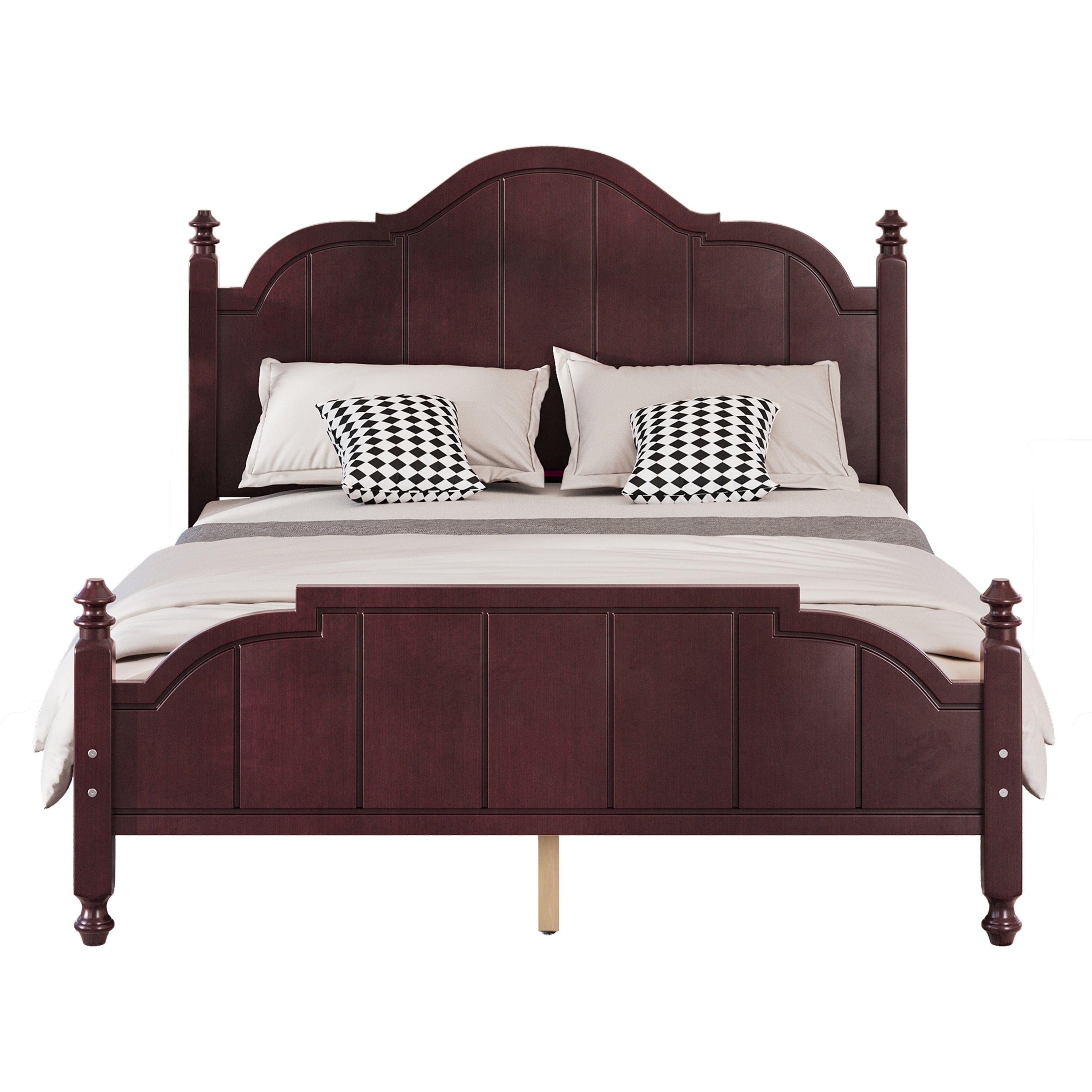 Front view of queen bed frame with headboard in vintage style, featuring paneled wood design and decorative posts for a timeless bedroom look.