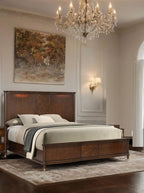 Queen Size Dark Cherry Bed Frame with Gold-Capped Legs.