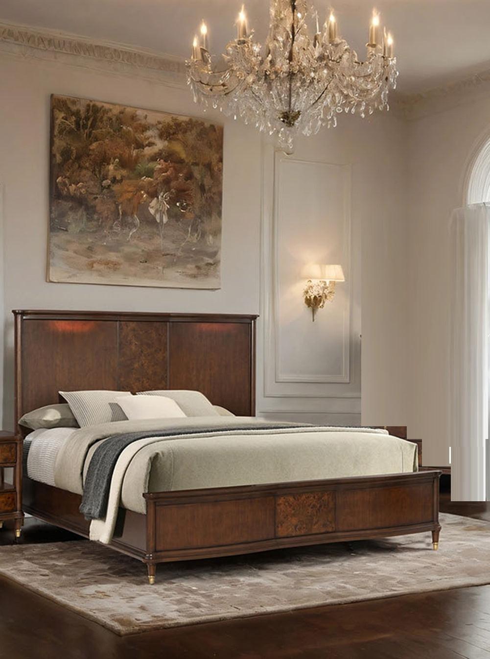Queen Size Dark Cherry Bed Frame with Gold-Capped Legs.