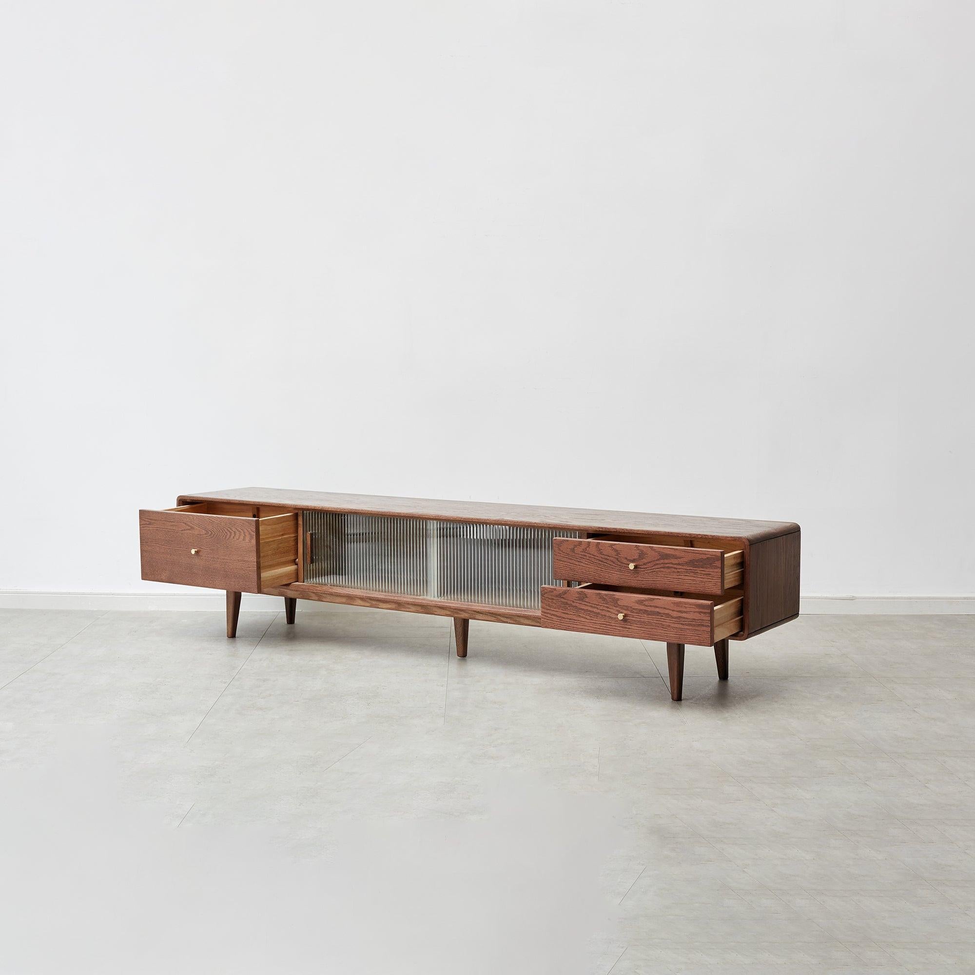 Solid Red Oak TV Cabinet with Glass Doors and Storage.