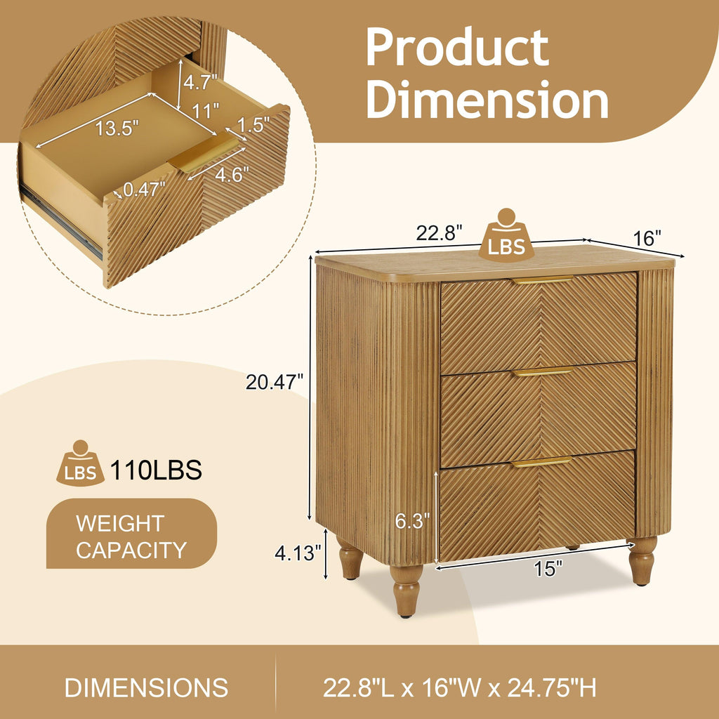 Mid-Century Three Drawer Nightstand for Bedroom and Living Room.