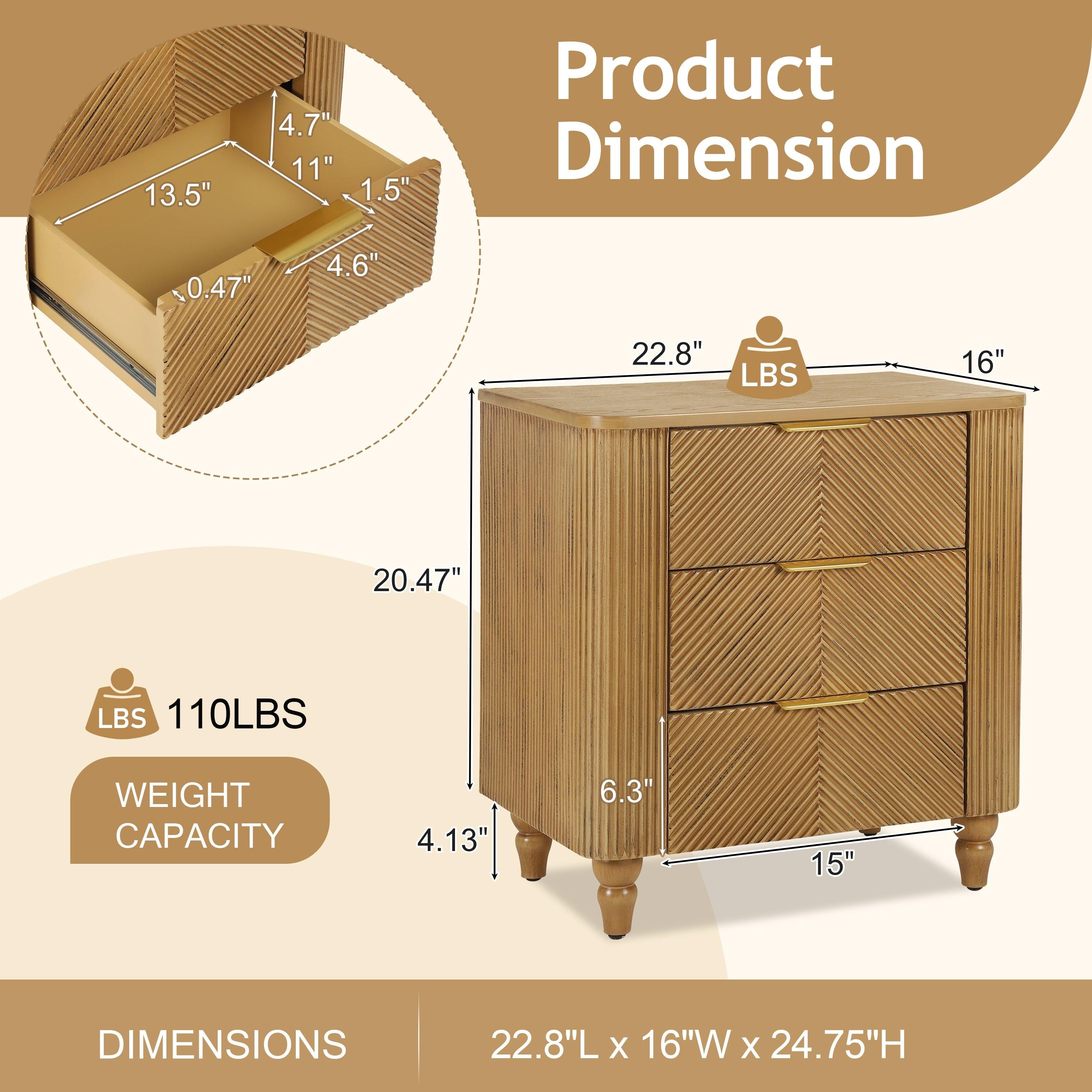 Mid-Century Three Drawer Nightstand for Bedroom and Living Room.