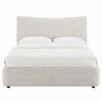 Front view of beige queen size platform bed with soft chenille fabric and cushioned headboard, ideal for contemporary interiors.