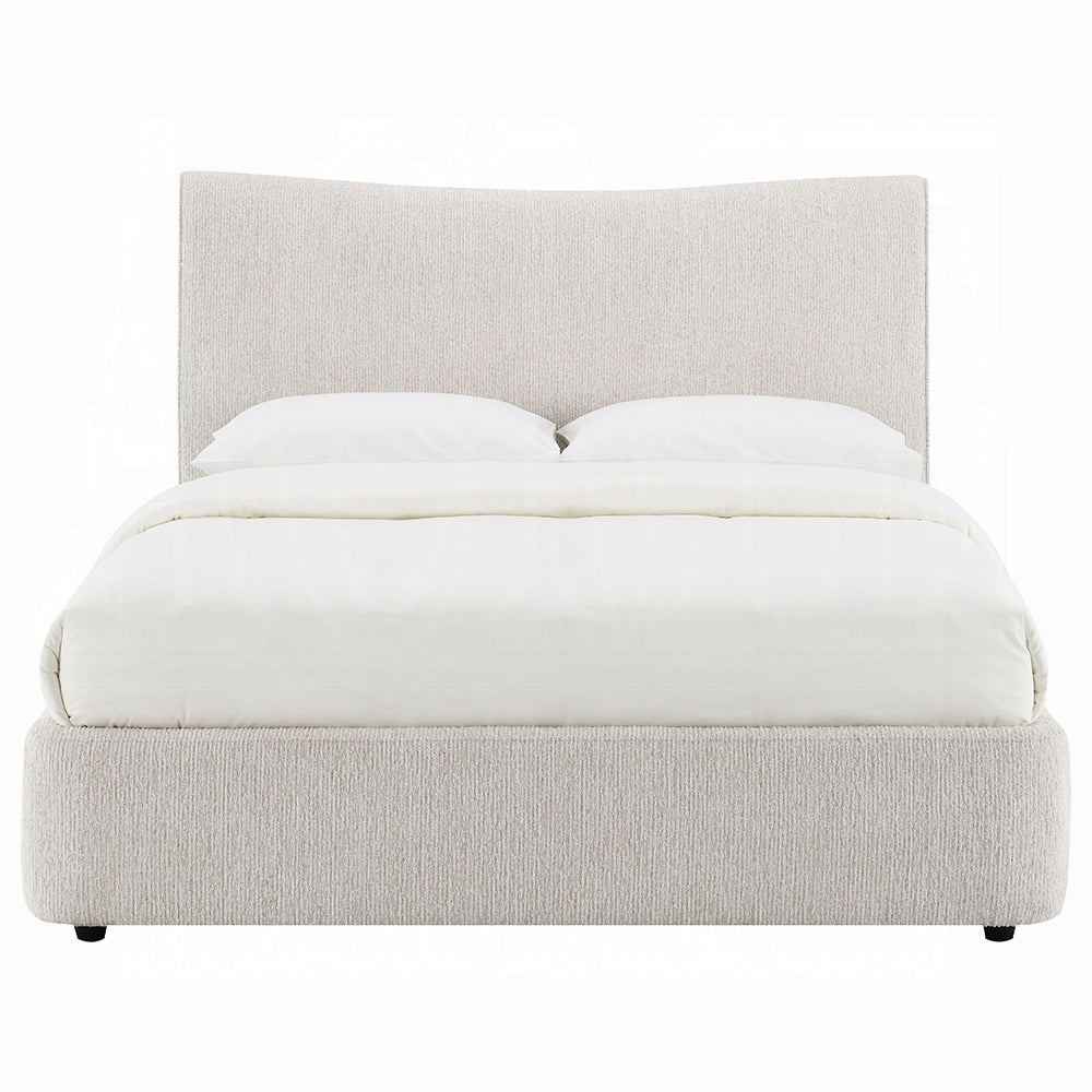 Front view of beige chenille full size bed featuring a curved padded headboard and low-profile platform design with no box spring needed.