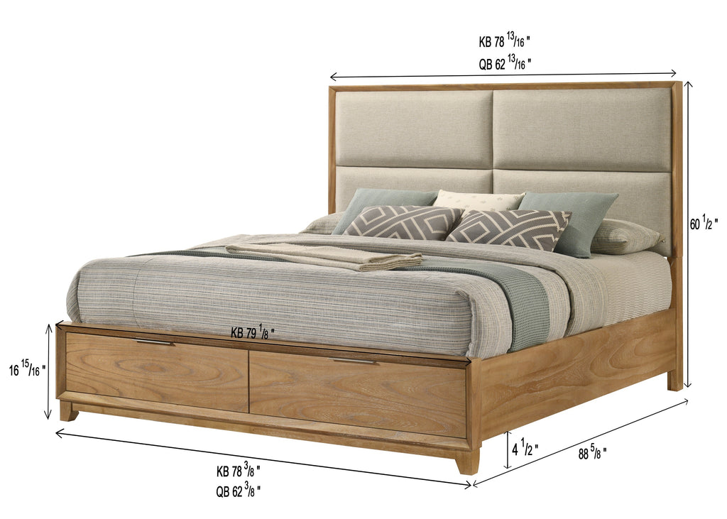 King Storage Platform Bed dimensions with upholstered headboard and footboard drawers, ideal for space-saving modern bedroom setups.