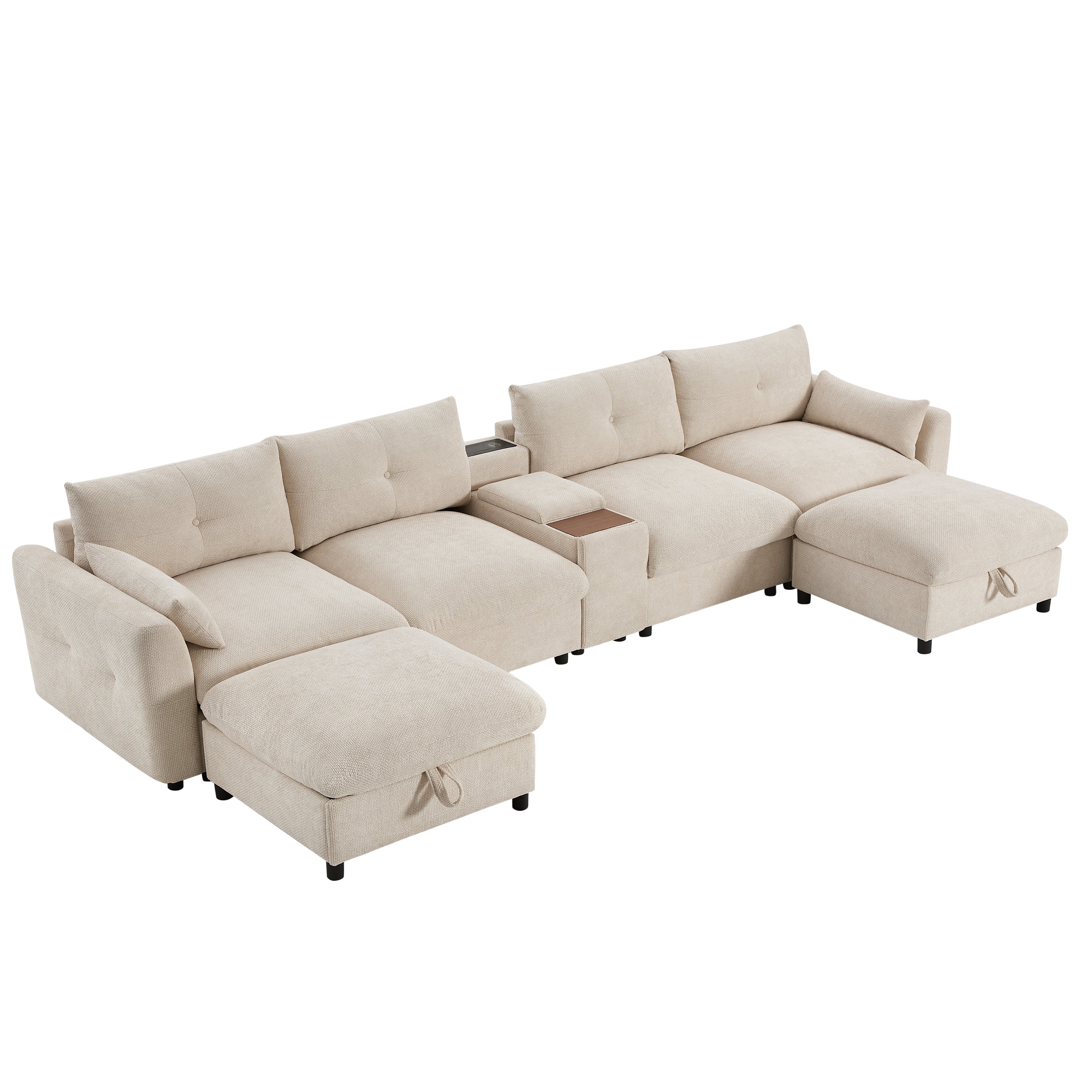 Angled view of modular sectional sofa with wide seats and storage ottomans, ideal for contemporary living room setups.
