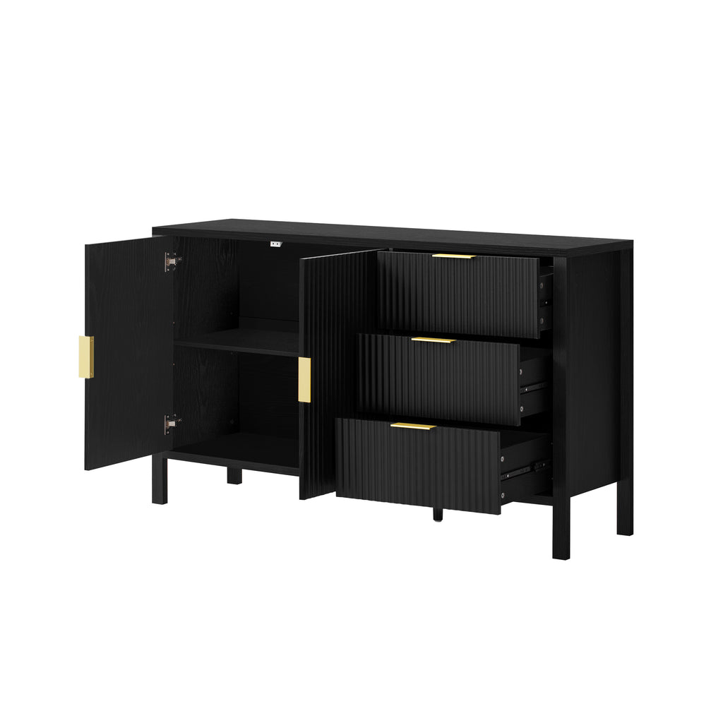 Angled view of modern sideboard with open doors and drawers, showing internal storage compartments and wave-textured panels.