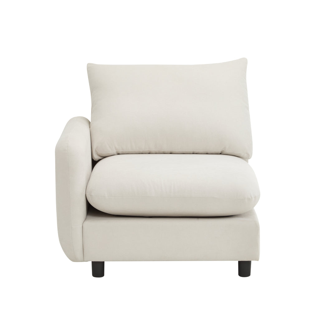 Front view of armless modular seat from 99 in. L shaped sectional sofa, with thick white cushion and minimalist design.