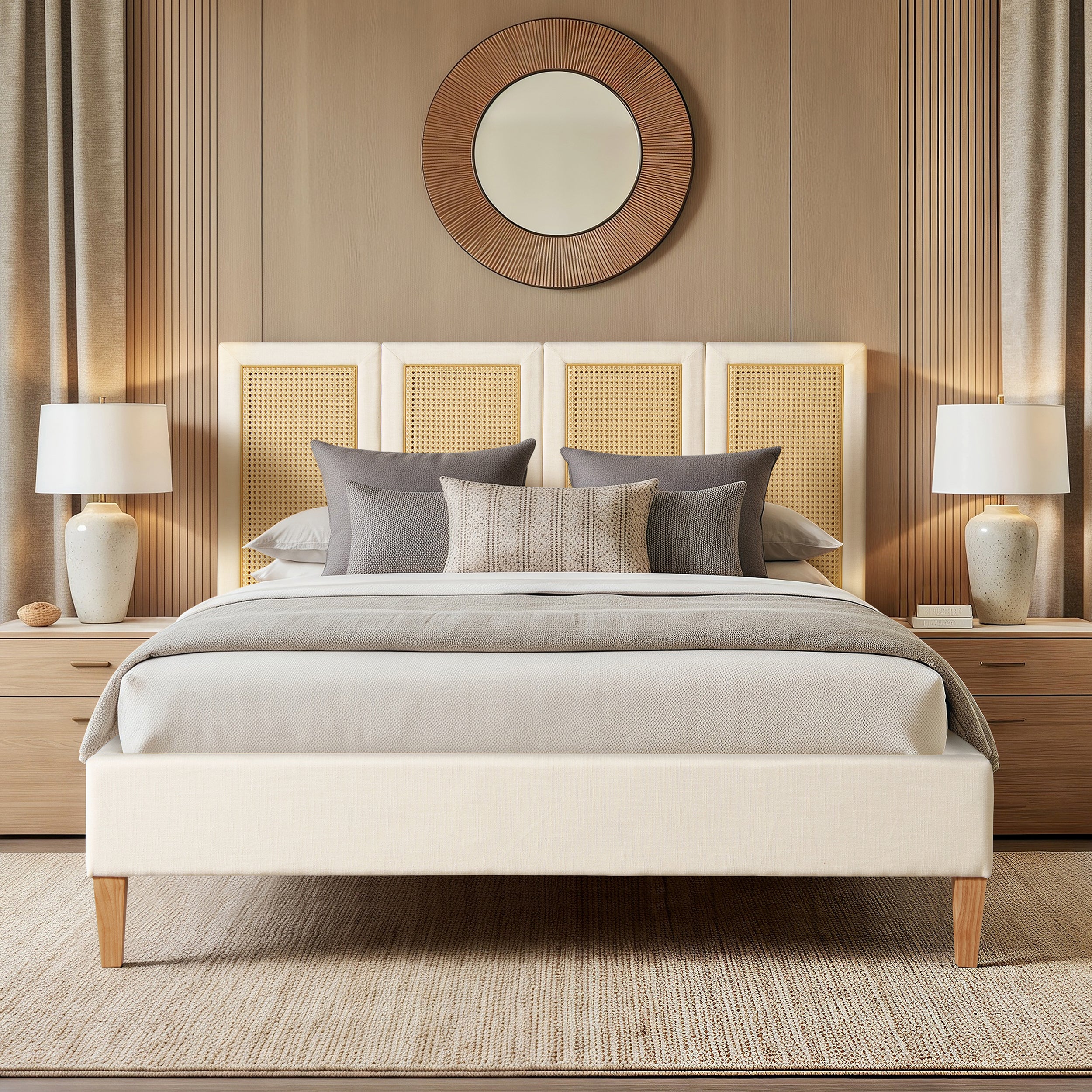 Queen Upholstered Cane Bed in antique white with natural rattan headboard panels, styled in a modern bedroom with neutral decor.