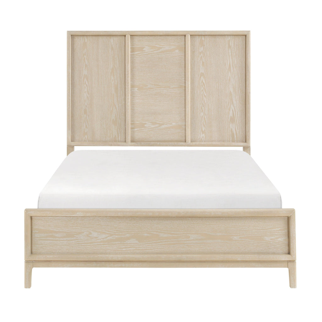 Queen Size Panel Bed - Light Brown Wooden Bedroom Furniture.
