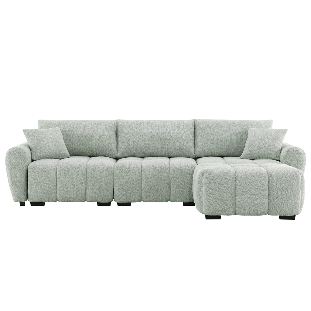 Modular sectional sofa with ottoman in right-facing configuration, offering adaptable seating for various room layouts.