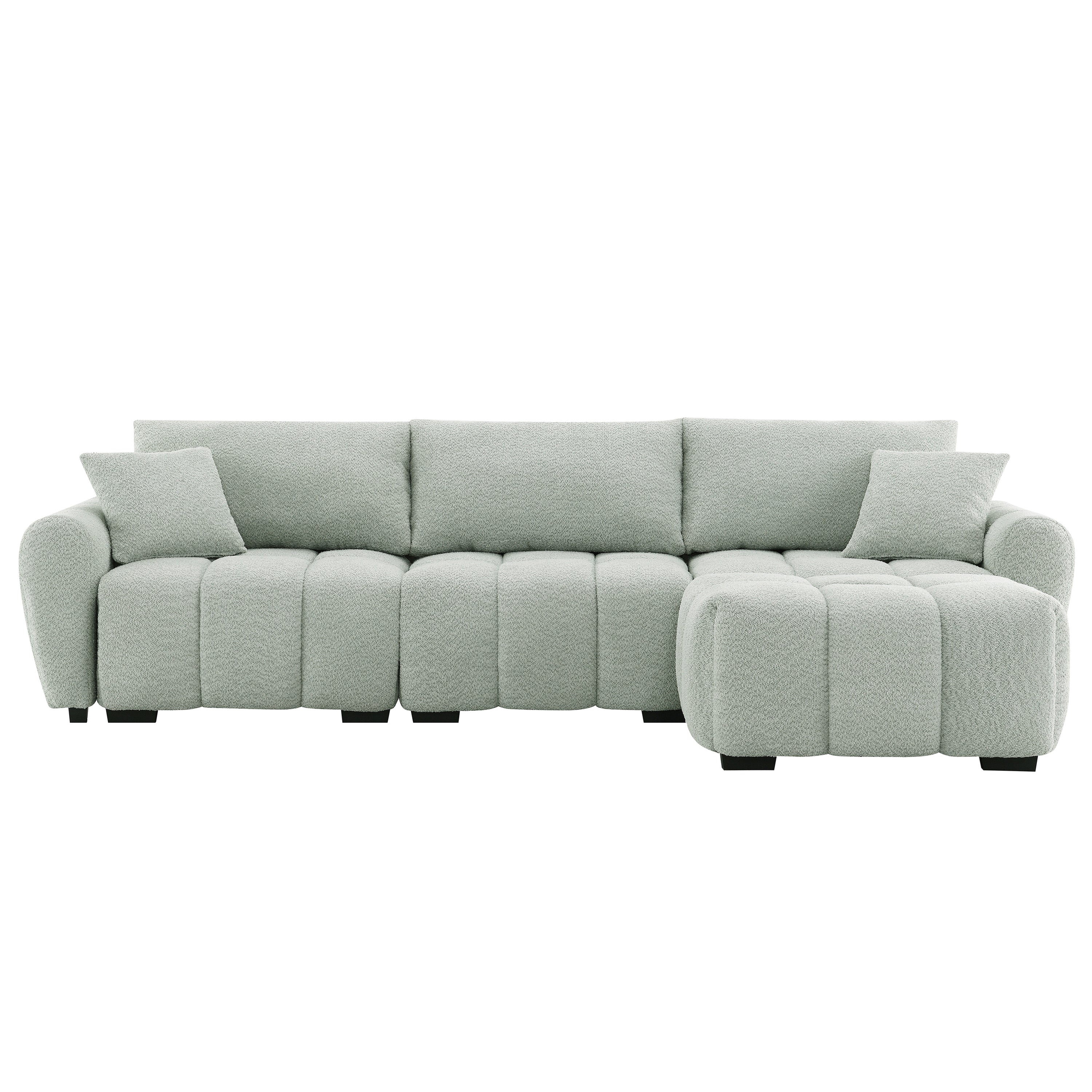 Modular sectional sofa with ottoman in right-facing configuration, offering adaptable seating for various room layouts.