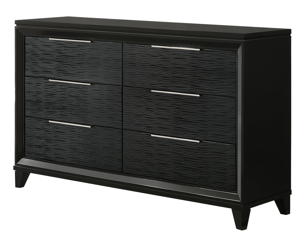 60-Inch Black Wood 6-Drawer Dresser with Tapered Feet