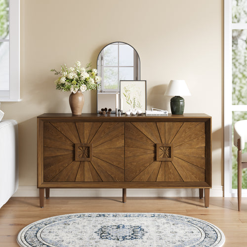 60'' Premium Rustic American Farmhouse Credenza - Symmetrical Sunburst Door Design, Heavy-Duty Antique Wood TV Stand with Adjustable Shelves, Storage Cabinet for Living Room/Kitchen (Antique Brown)