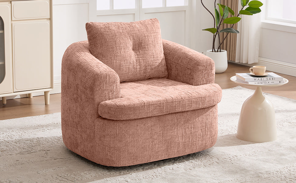 Modern Pink Swivel Barrel Chair with 360° Rotation and Dual-Layer Cushion for Living Room, Bedroom, Office, 36.6' Round Accent Chair in Chenille