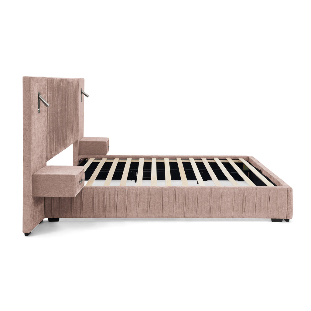 Side profile of queen upholstered bed frame with slatted base and attached nightstands, ideal for modern bedroom setups.